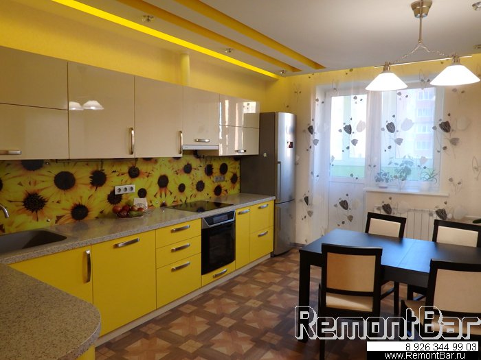 Кухня в ярко-желтых тонах, ремонт квартиры жк Чернышевского, Старые Химки